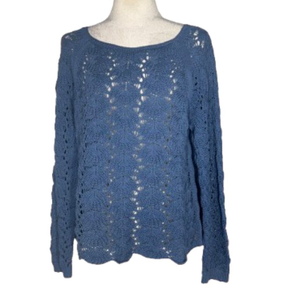 Ann Taylor Loft Crochet Knit Cotton Scalloped Hem Crew Neck Blue Sweat XL